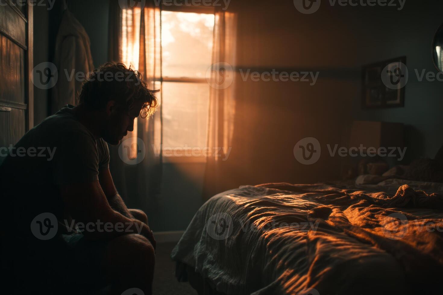 A man sitting in a bedroom with the sun shining through the window photo