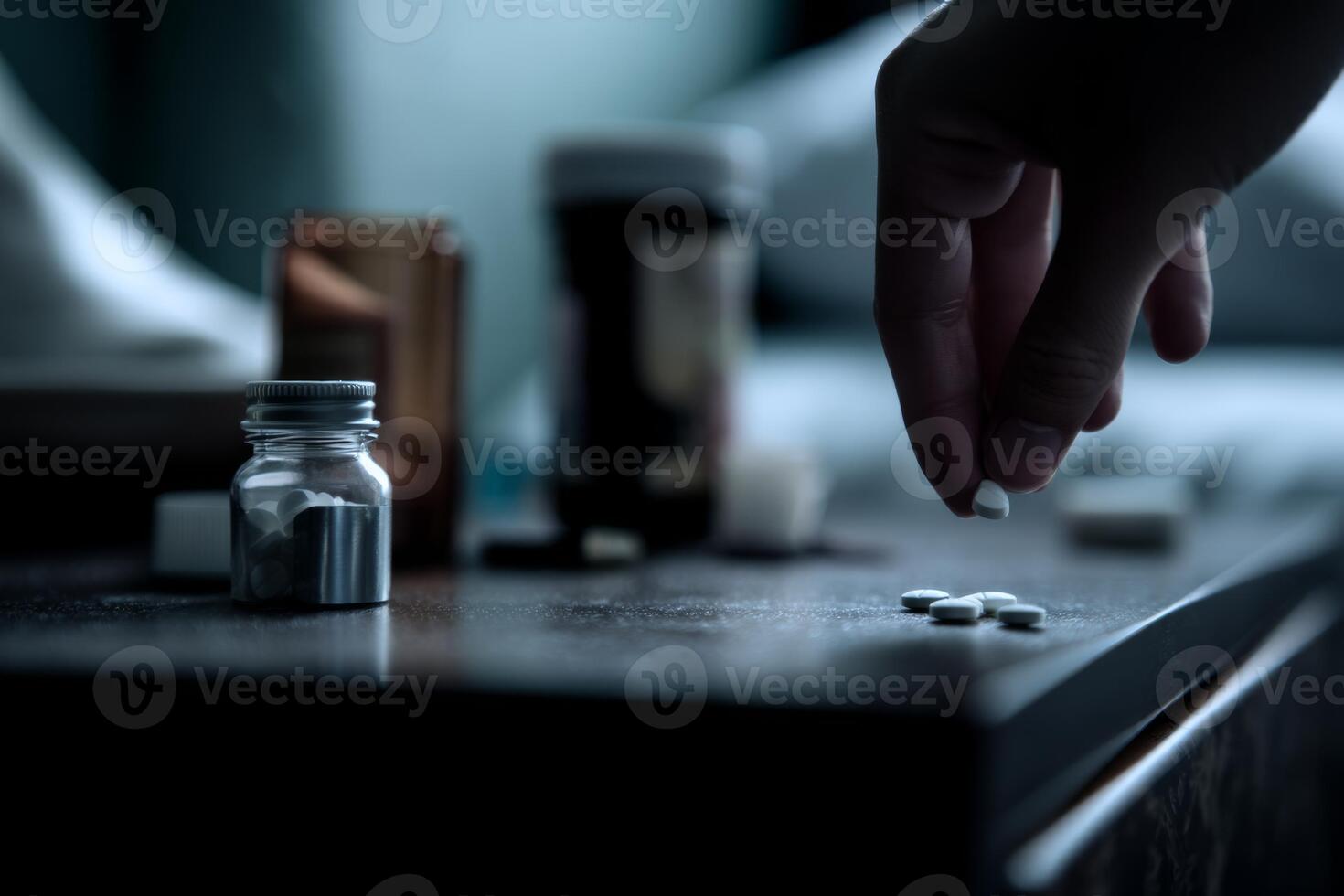 A person is holding a bottle of pills on a table photo