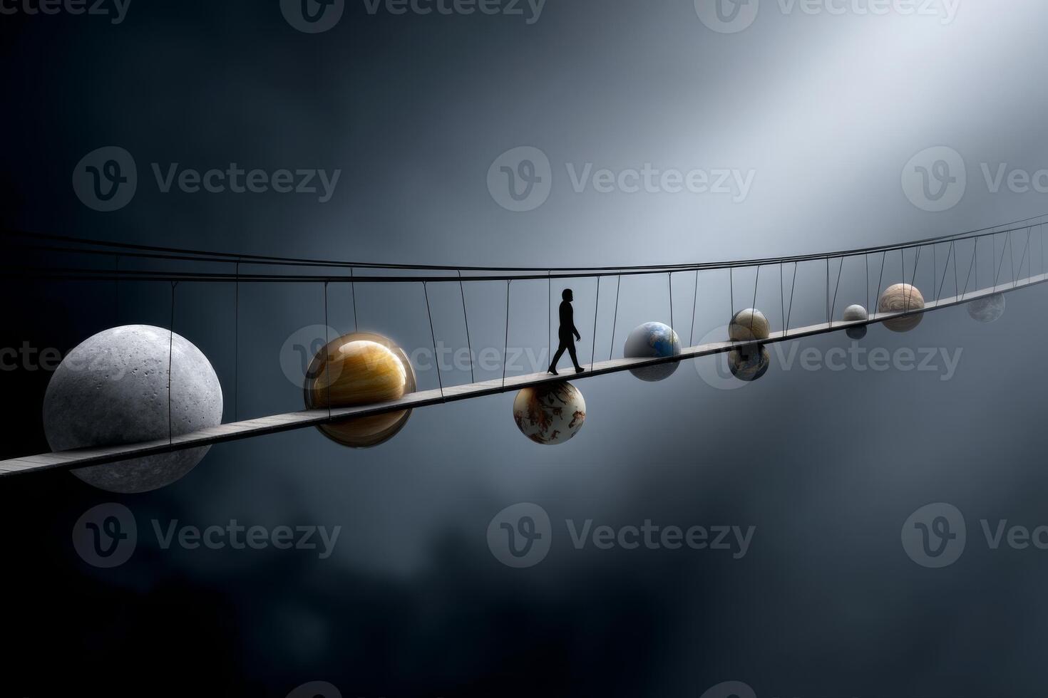 A man walking across a bridge with planets on it photo