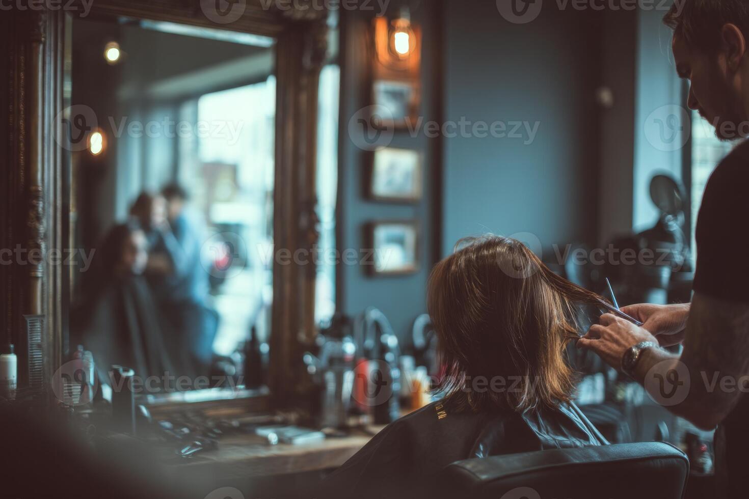 A man is cutting a woman's hair in a salon photo