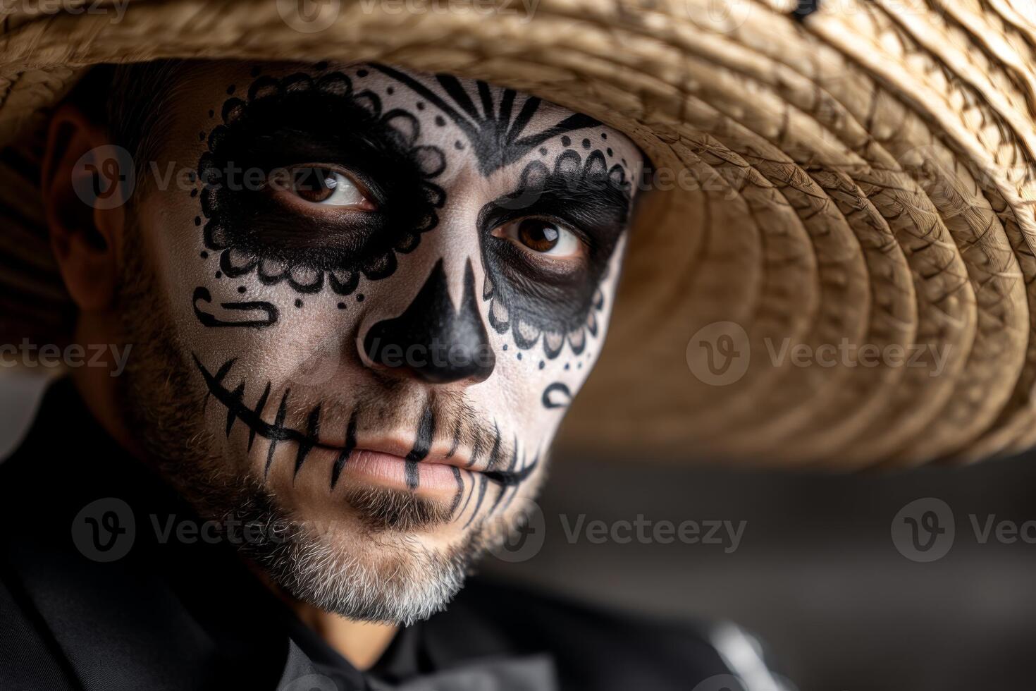 A man with a sombrero and a mexican skull face paint photo