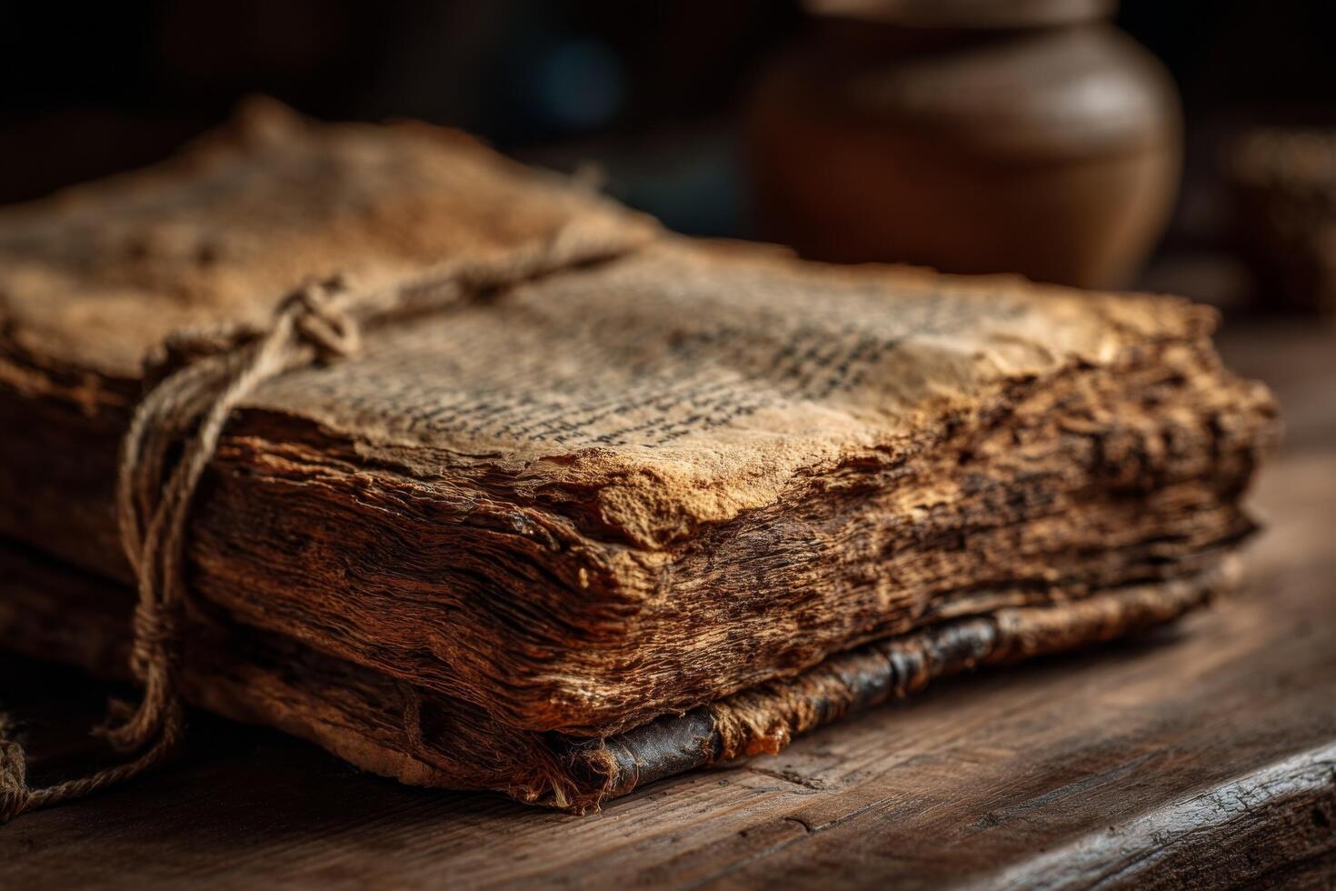 An old book sitting on top of a wooden table photo