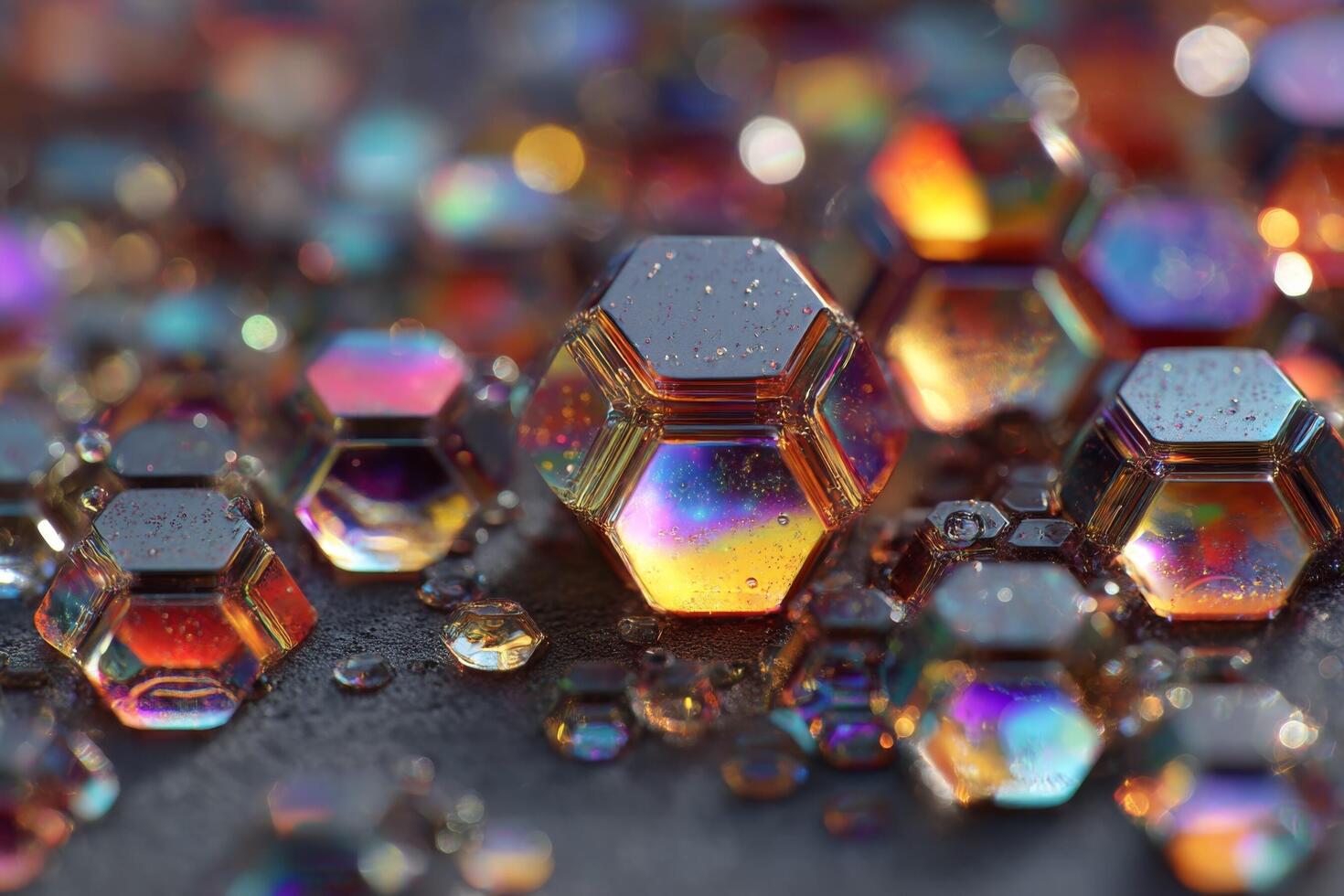 A group of colorful hexagonal crystals on a black surface photo