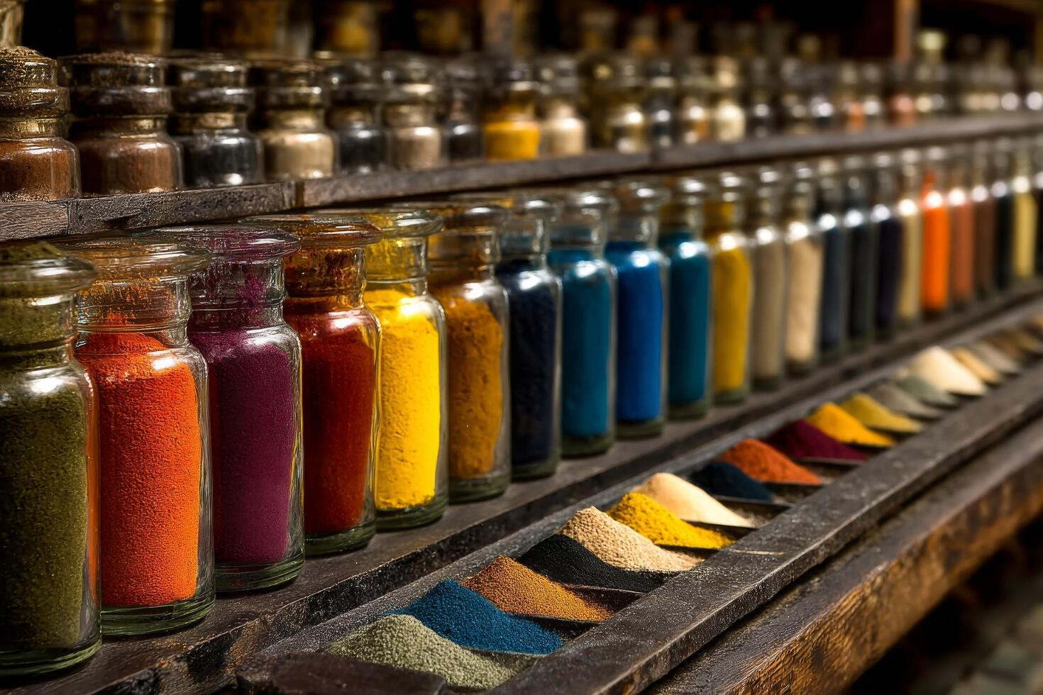 Colorful jars of paint and ink on a shelf photo