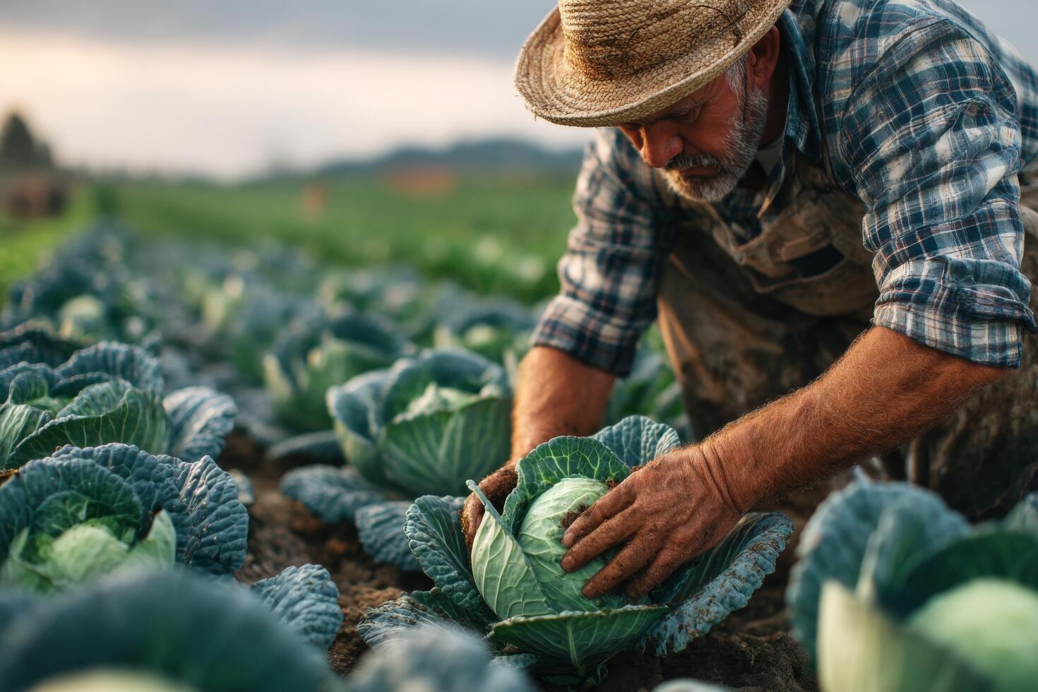 A man in a straw hat is picking cabbage photo