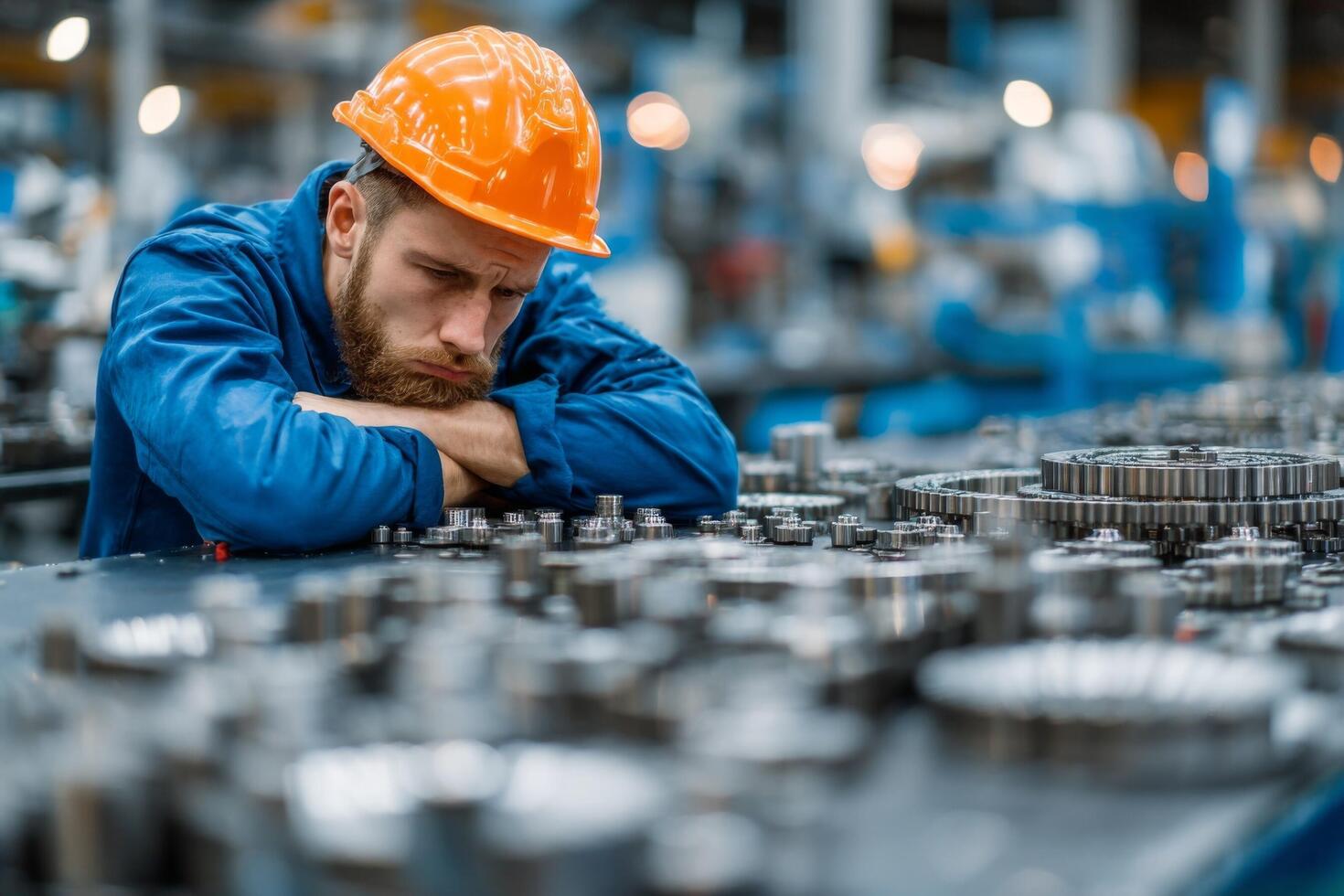 A man in an orange hard hat sitting on a table with a machine photo