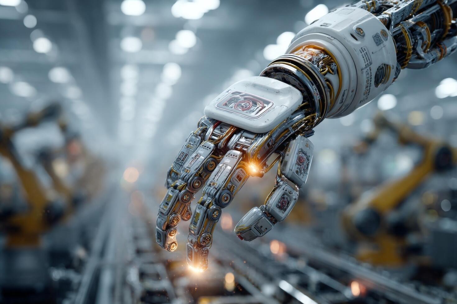A robot hand is holding a device in a factory photo