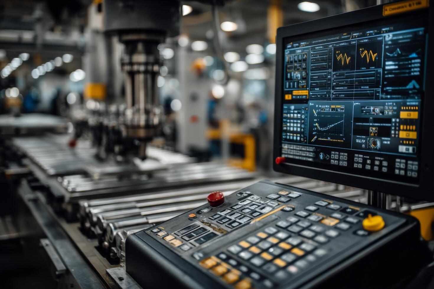 A machine is in a factory with a computer screen photo