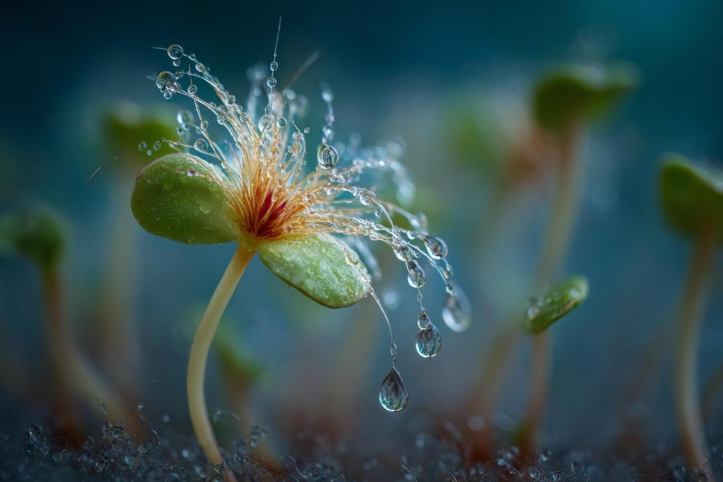 A small plant with water droplets on it photo