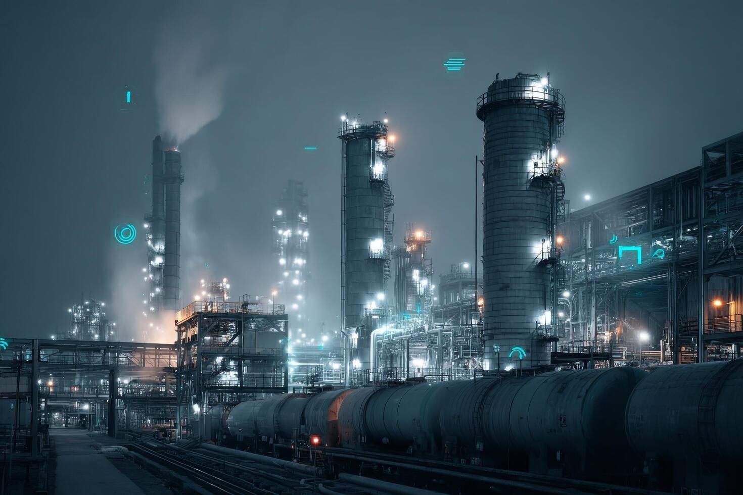 An industrial refinery at night with glowing lights photo