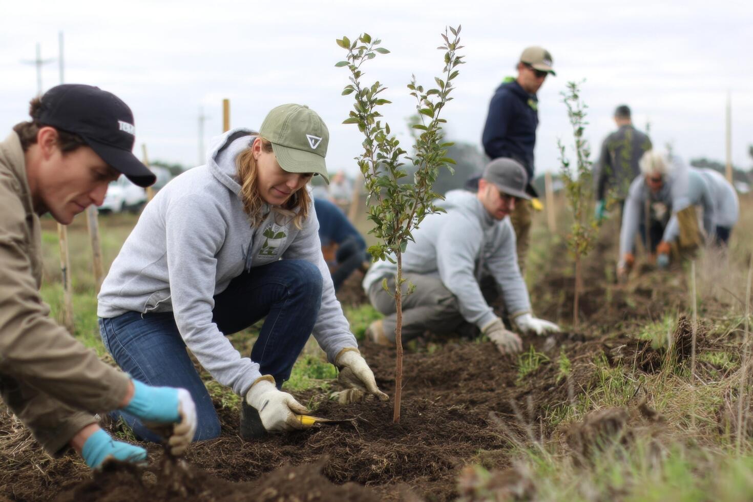 A group of people planting trees in the field photo