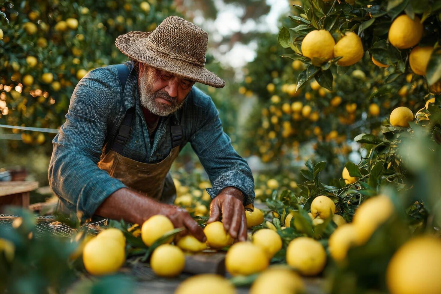 A man in a hat picking lemons from a tree photo
