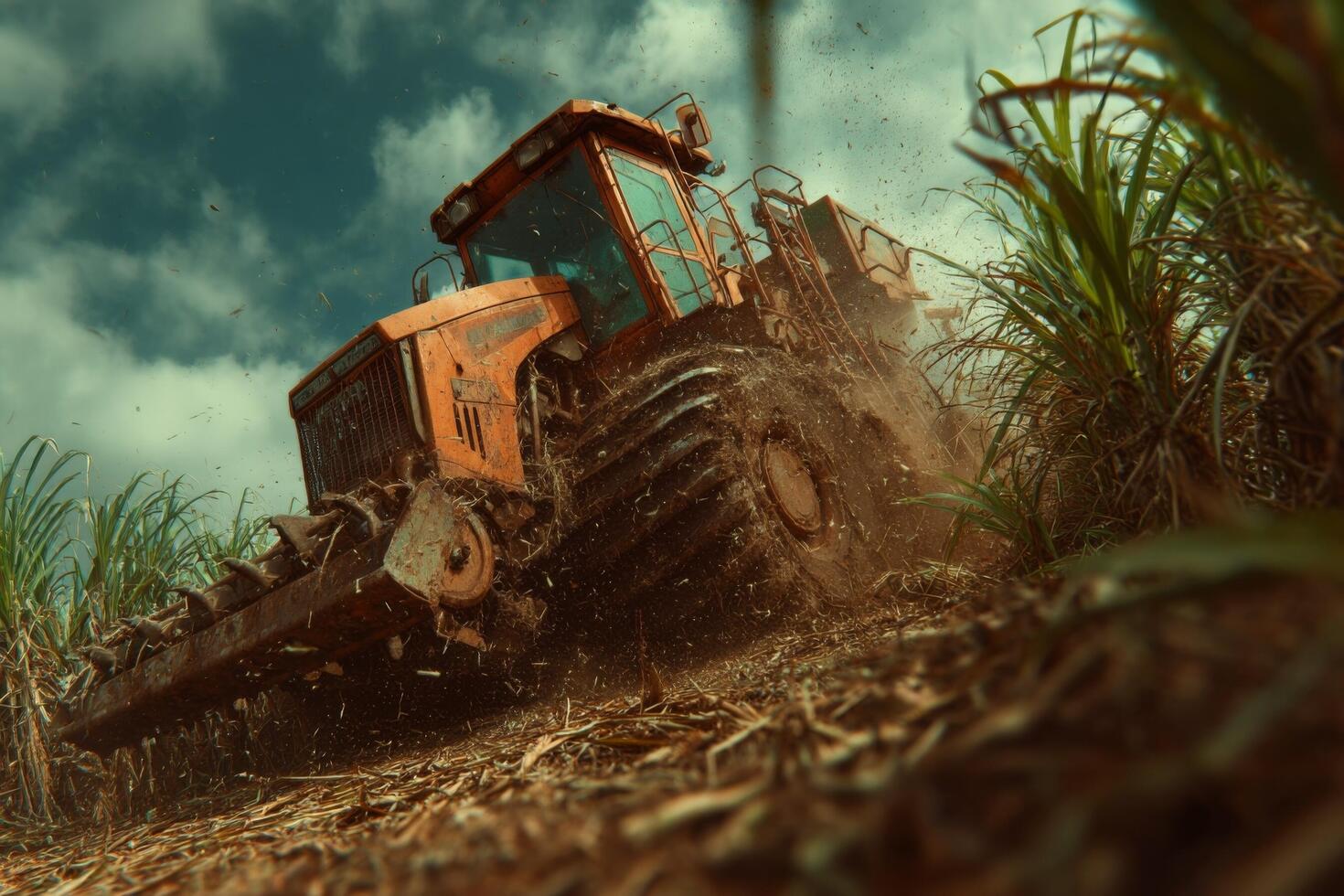 A tractor is driving through a field photo