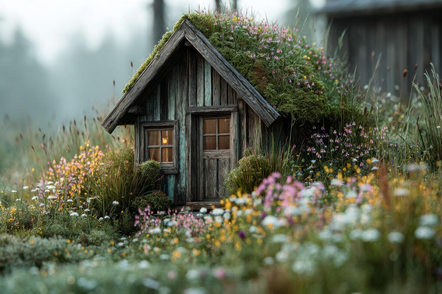 A small house with a grass roof in the middle of a field photo