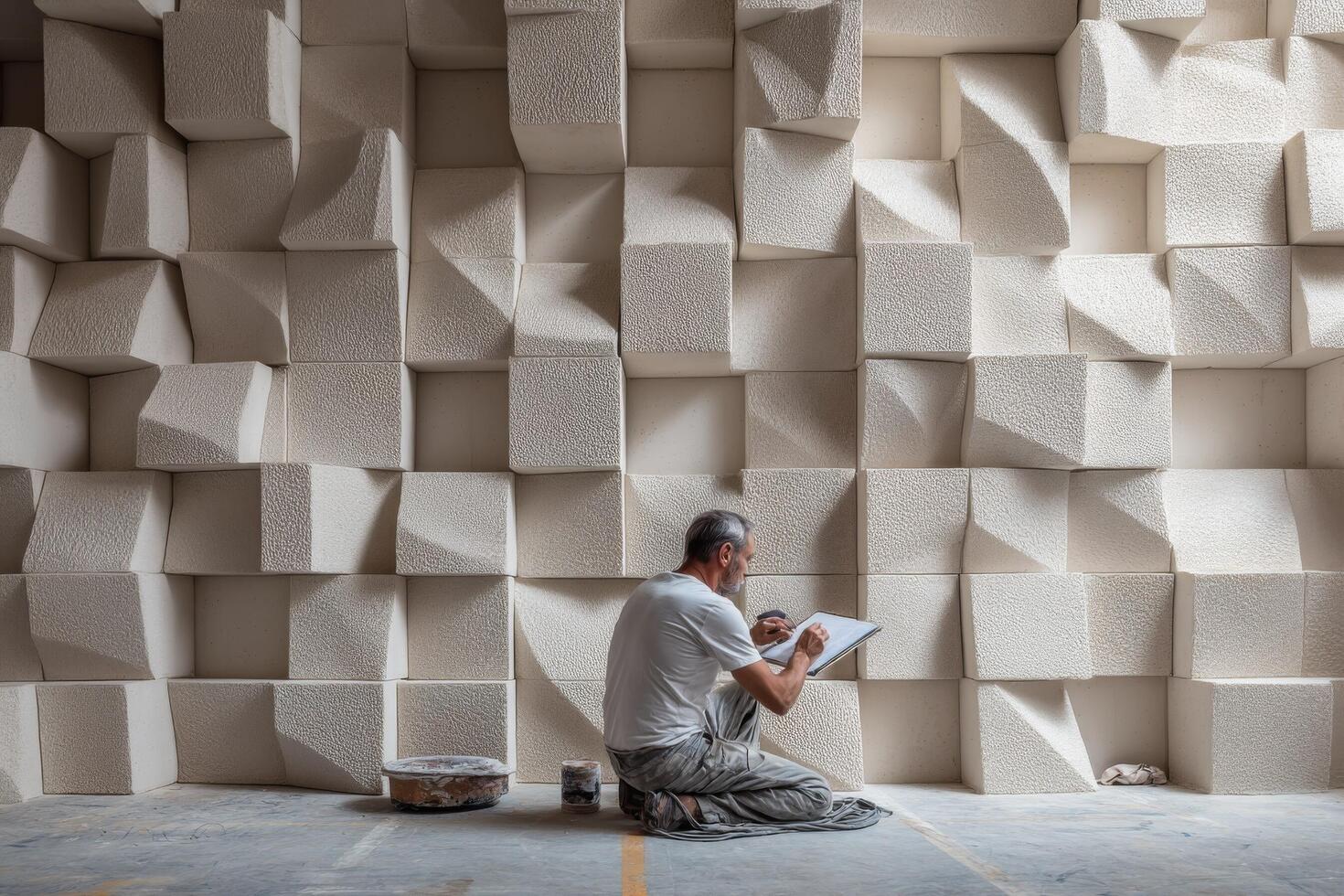 A man sitting on the floor in front of a wall of cubes photo