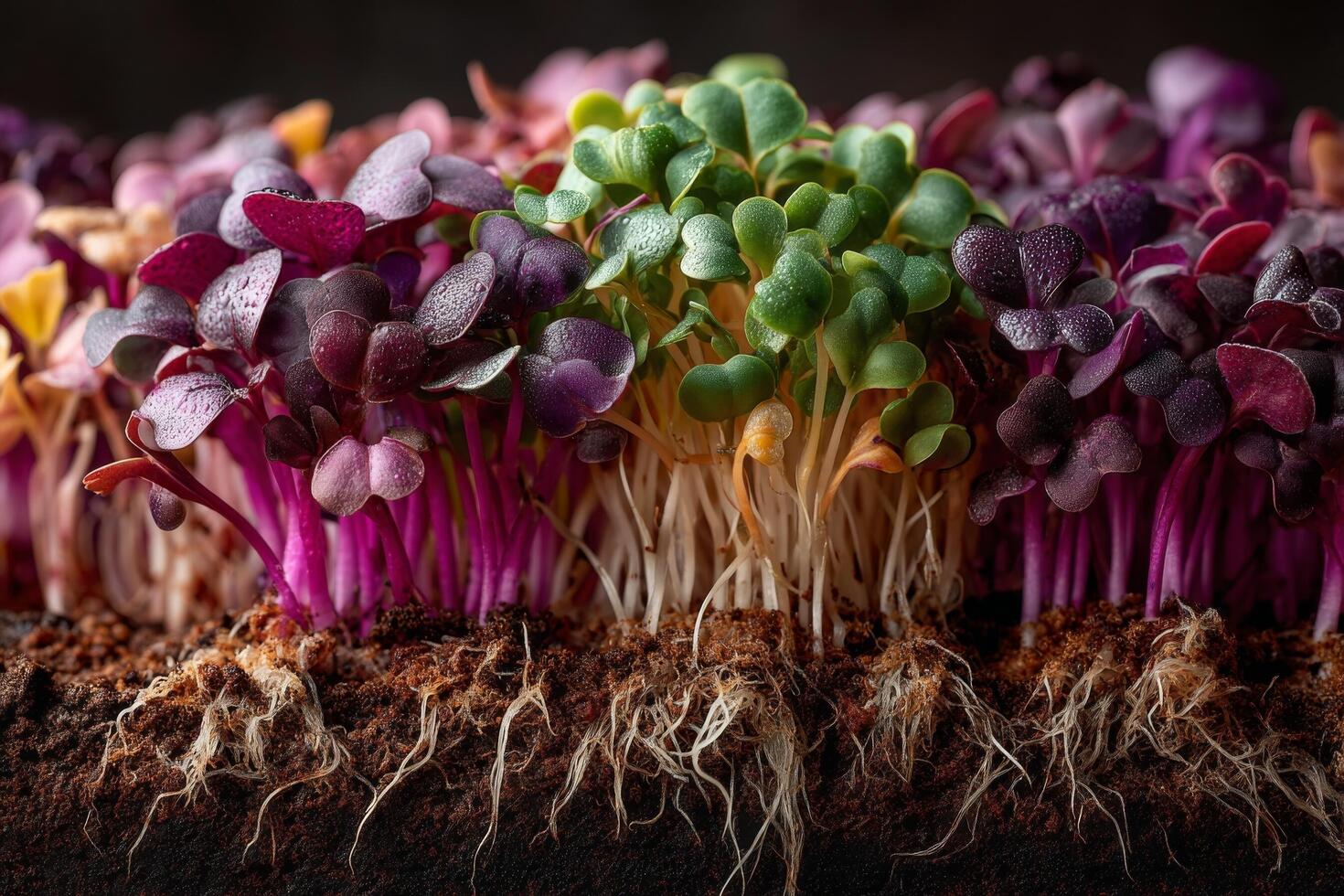 A row of colorful sprouts in soil photo
