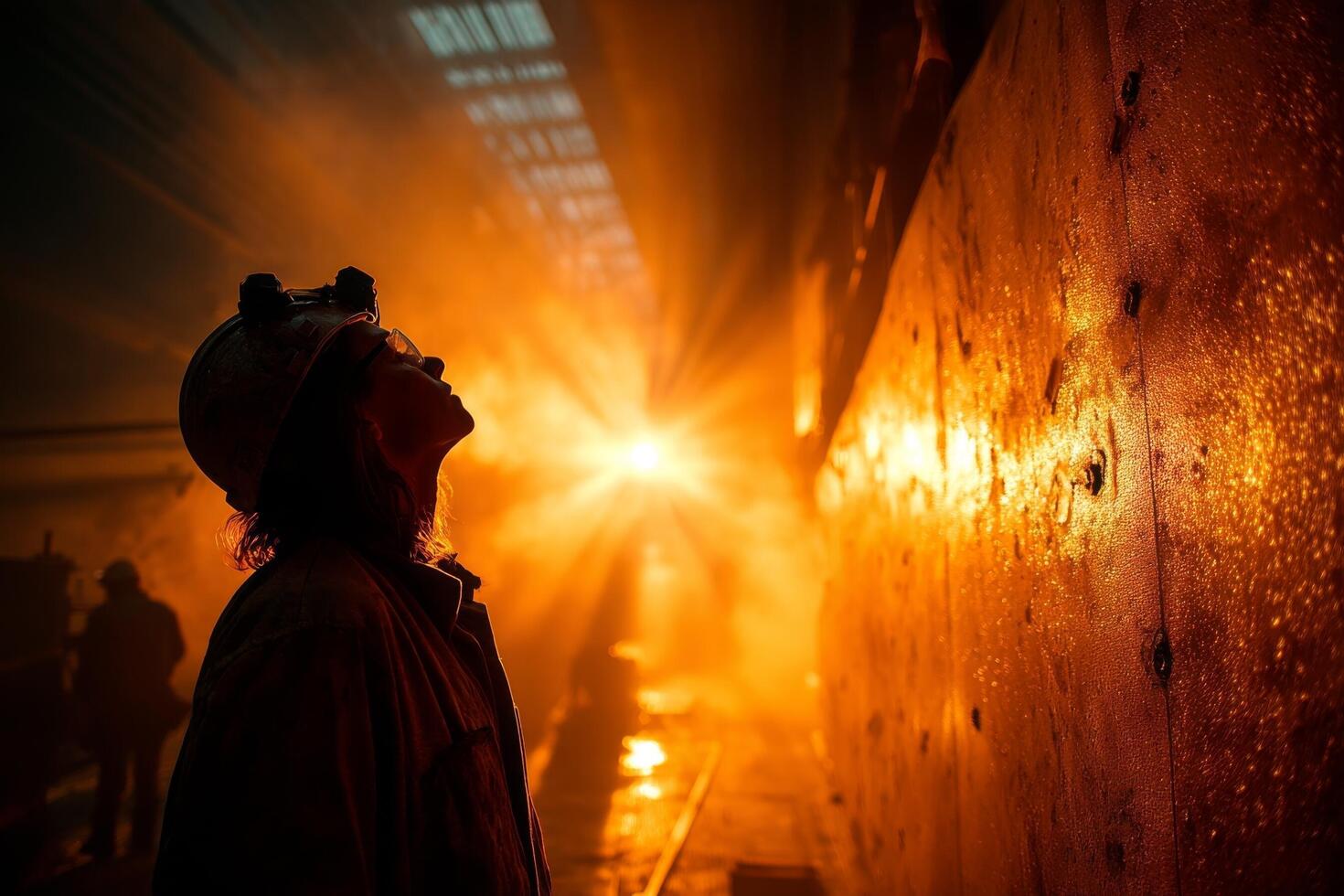 A man in a hard hat stands in front of a wall photo