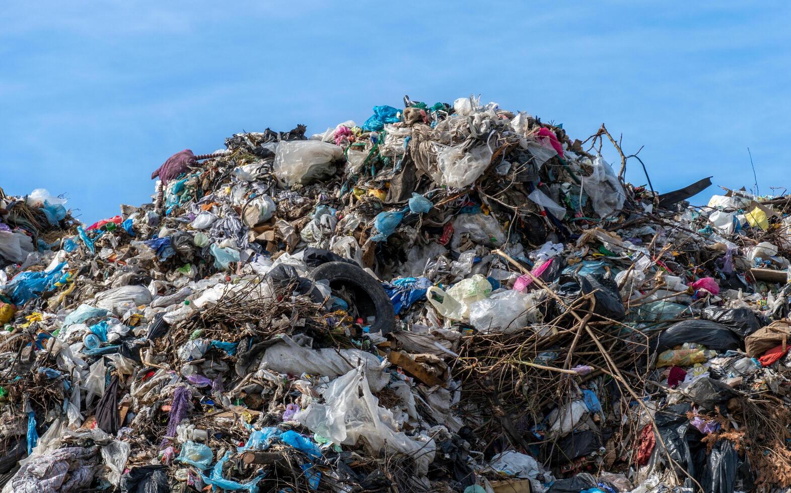 Overflowing Landfill Under Bright Sky with Tires, Plastic, Trash, and Organic Waste Creating an Environmental Crisis photo