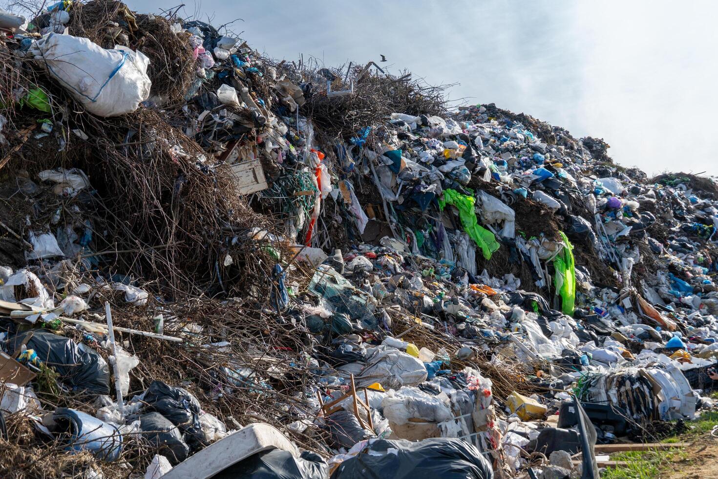 Extensive Landfill Site Showing Accumulated Waste Materials, Plastic Refuse, Organic Matter, and Discarded Items Against Sky photo