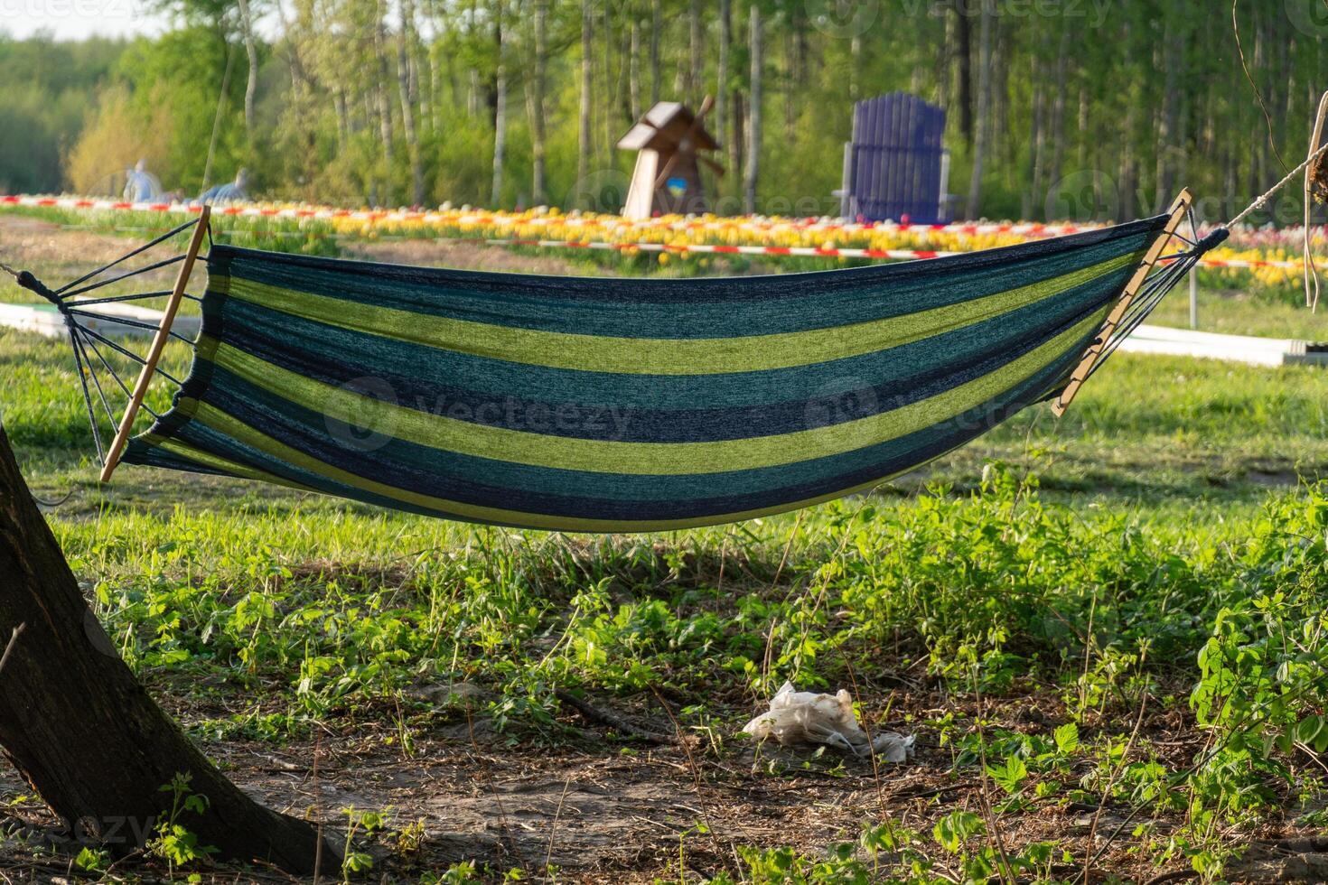Striped Hammock Hung Between Trees in a Garden with Decorative Garden Furniture photo