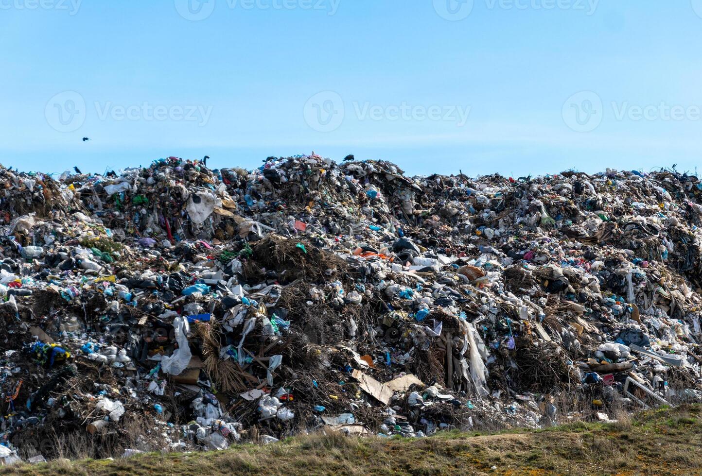 A massive landfill overflowing with heaps of discarded materials, including plastics and organic waste, stretches across the landscape under a bright sky photo