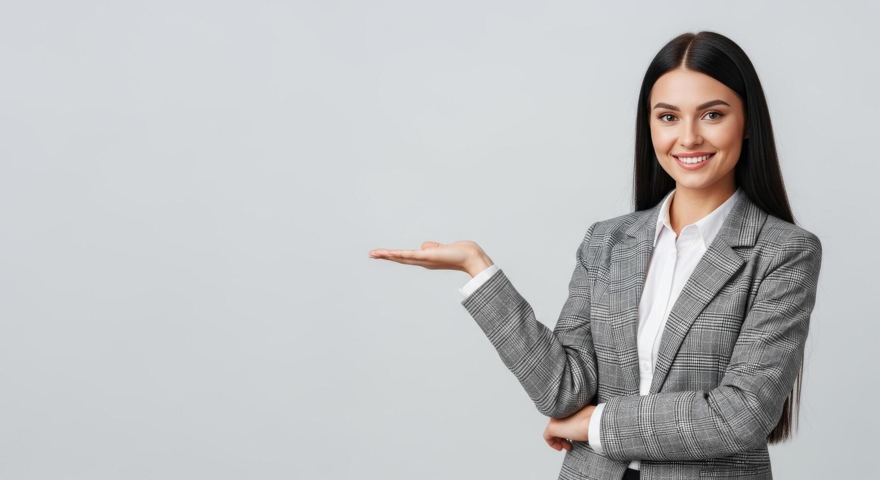 Professional young woman in a plaid blazer presenting or displaying, with a cheerful expression. photo