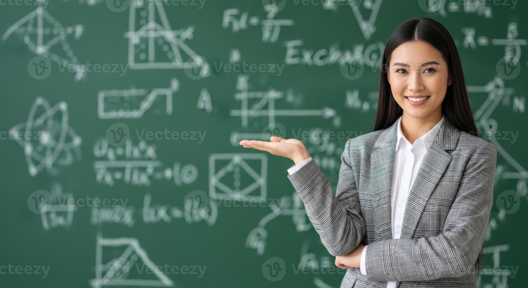 Educator with long dark hair, in a blazer, presenting with an open hand against a math-filled blackboard. photo