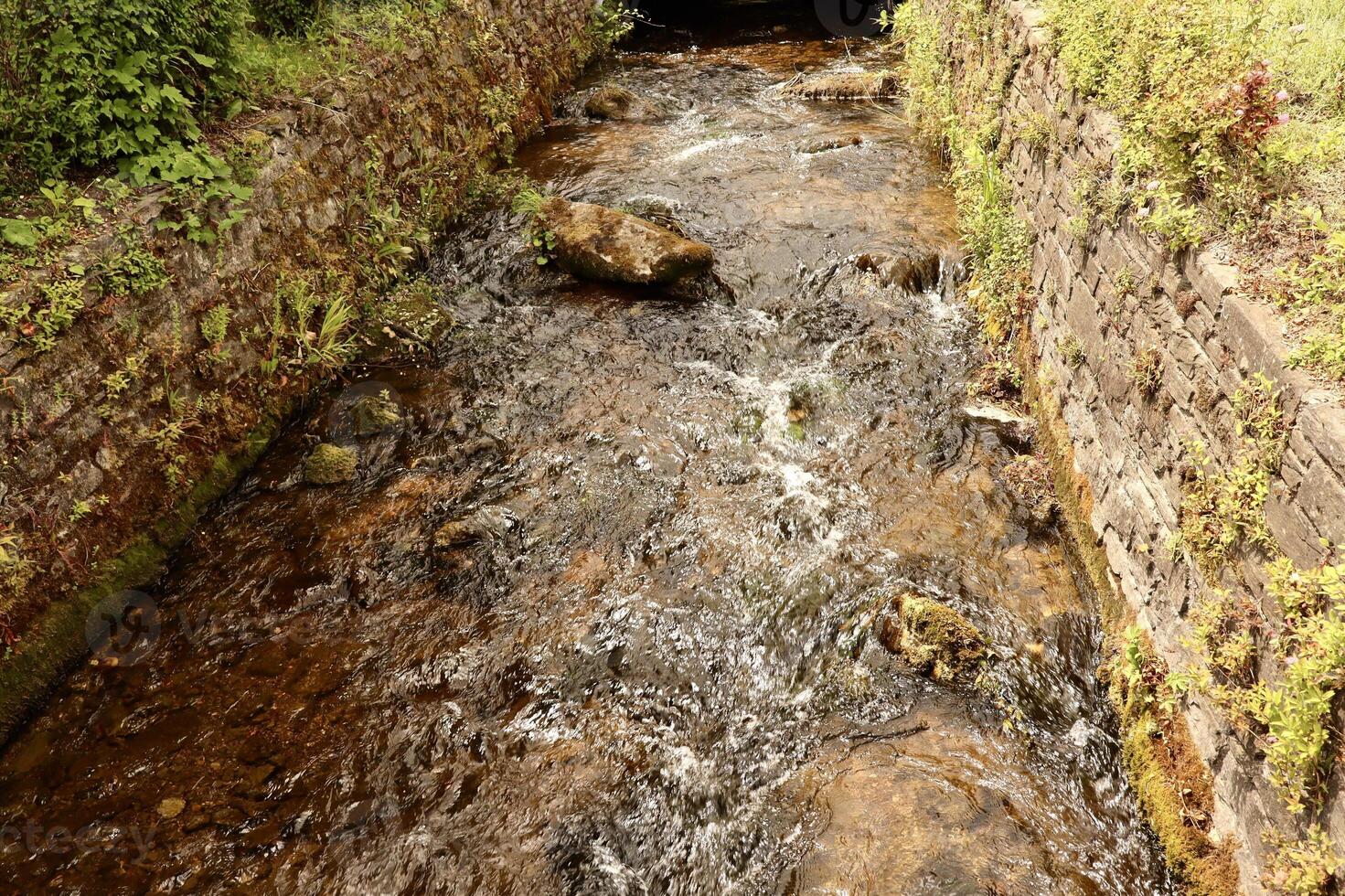 A narrow stream with clear, fast-flowing water winds through a stone-walled channel surrounded by lush greenery. The natural moss and plants add texture and a sense of tranquility to the scene. photo