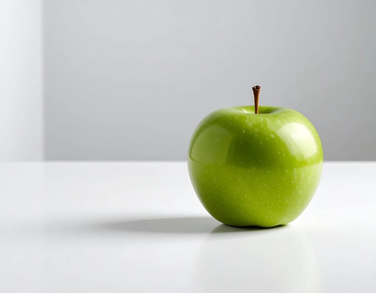A green apple sitting on a white surface photo