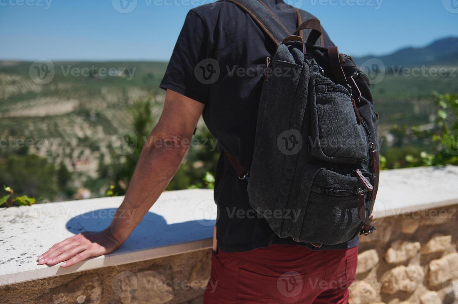 Traveler Wearing Backpack Enjoying Scenic Mountain Views During a Journey photo