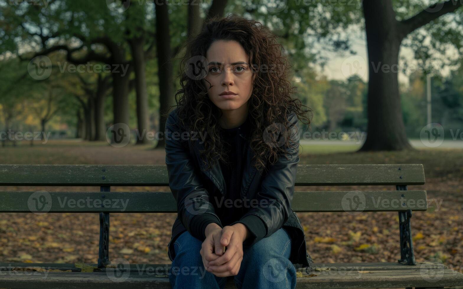A woman sitting on a park bench in the park photo