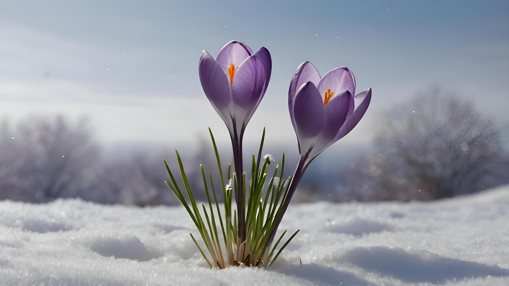 Delicate purple crocus flowers emerge from winter snow showcasing resilience and the beauty of spring's arrival. photo