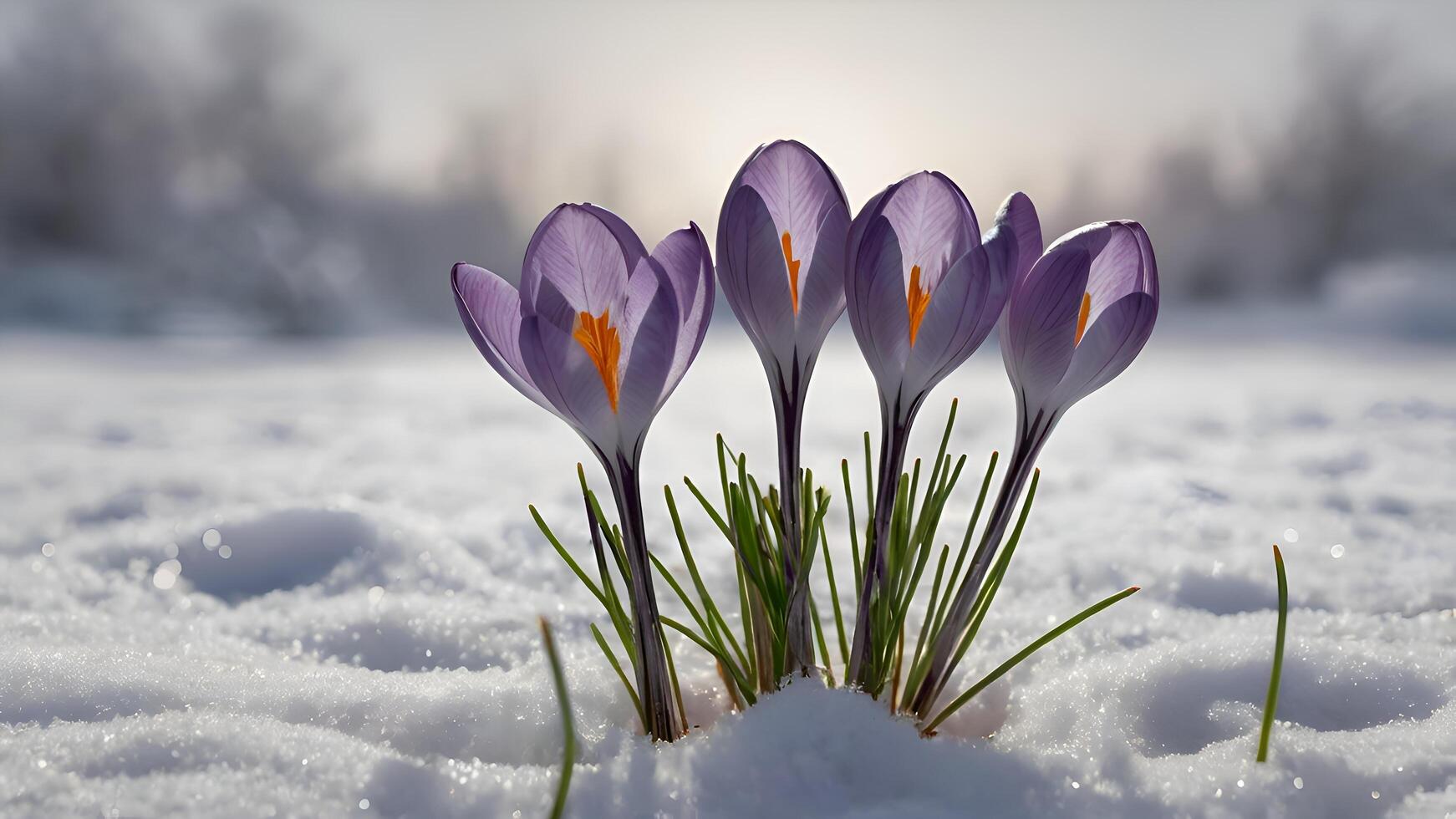 Delicate purple crocuses blooming bravely through winter snow a stunning springtime scene of resilience and nature's beauty photo
