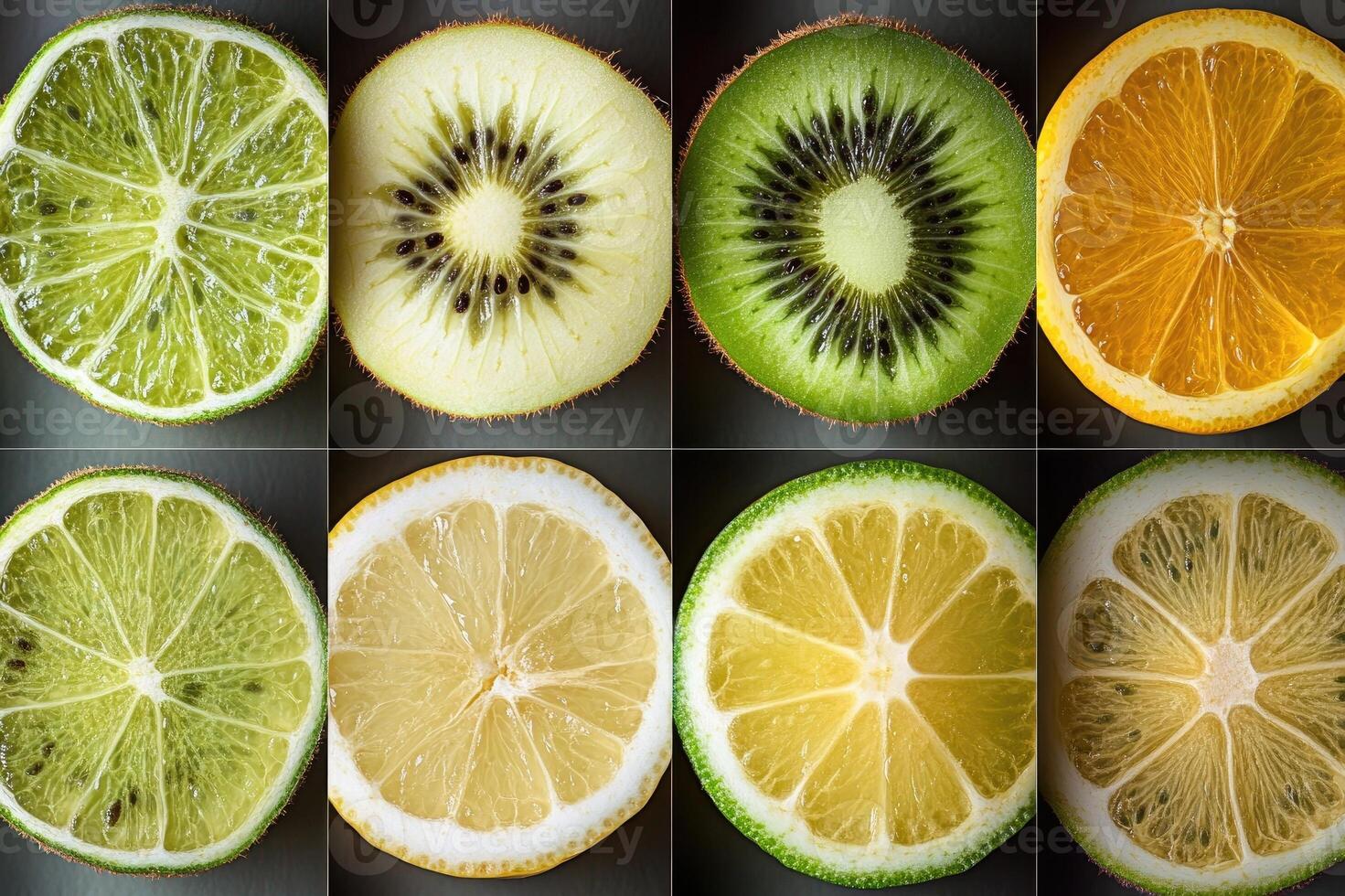 Sliced citrus fruits and kiwis showing their internal structure photo