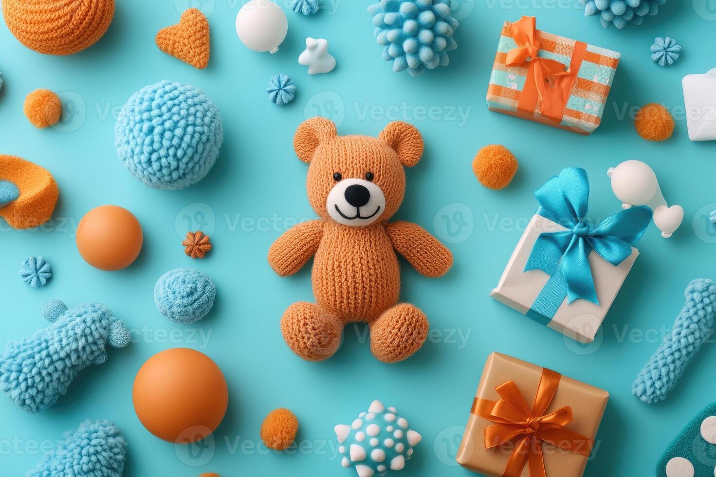 Knitted teddy bear and gifts on turquoise background celebrating baby shower or birthday party photo