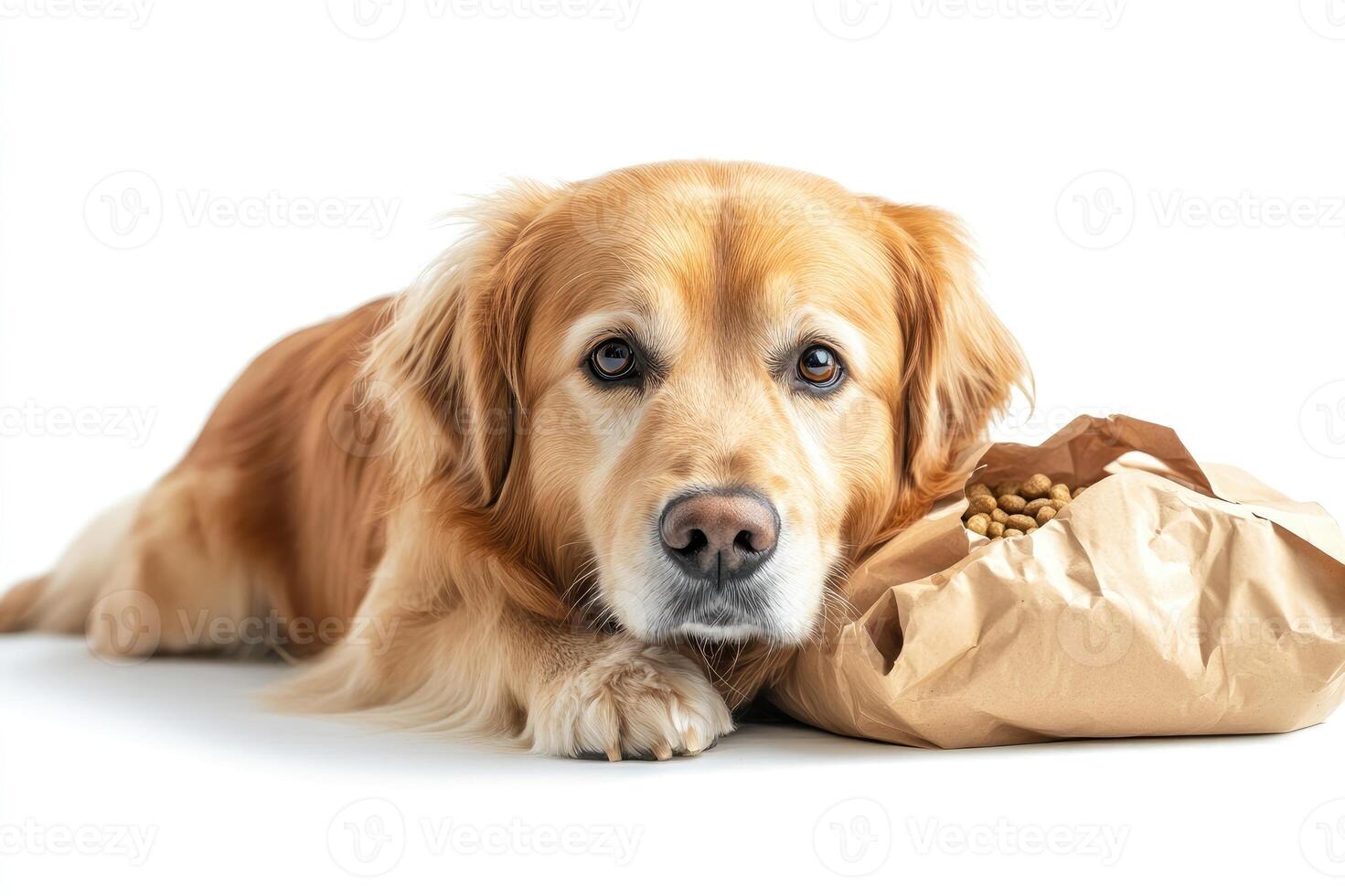 Golden retriever resting near paper bag full of kibble on white background photo