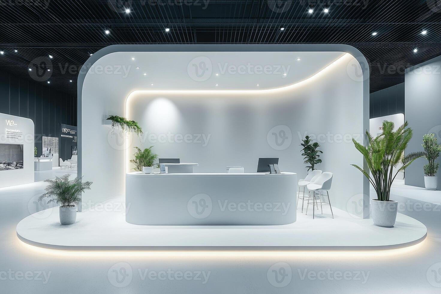 Modern exhibition booth design with reception desk and potted plants photo