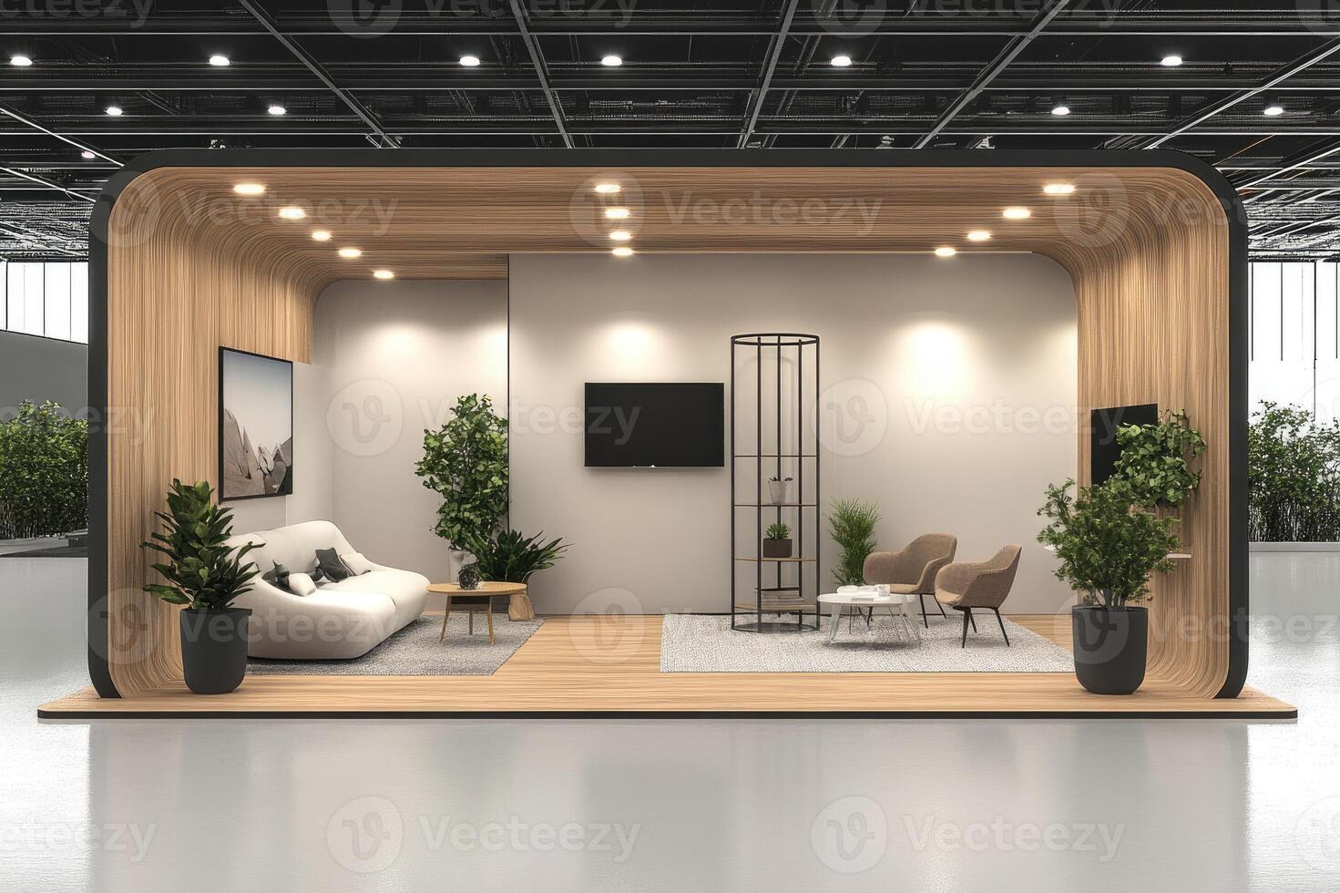 Modern exhibition booth design with comfortable seating and tv screens displaying information photo