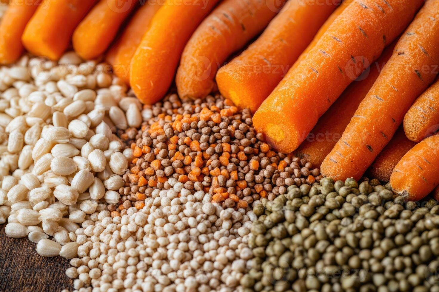 Fresh carrots lying on various seeds and grains promoting healthy eating habits photo