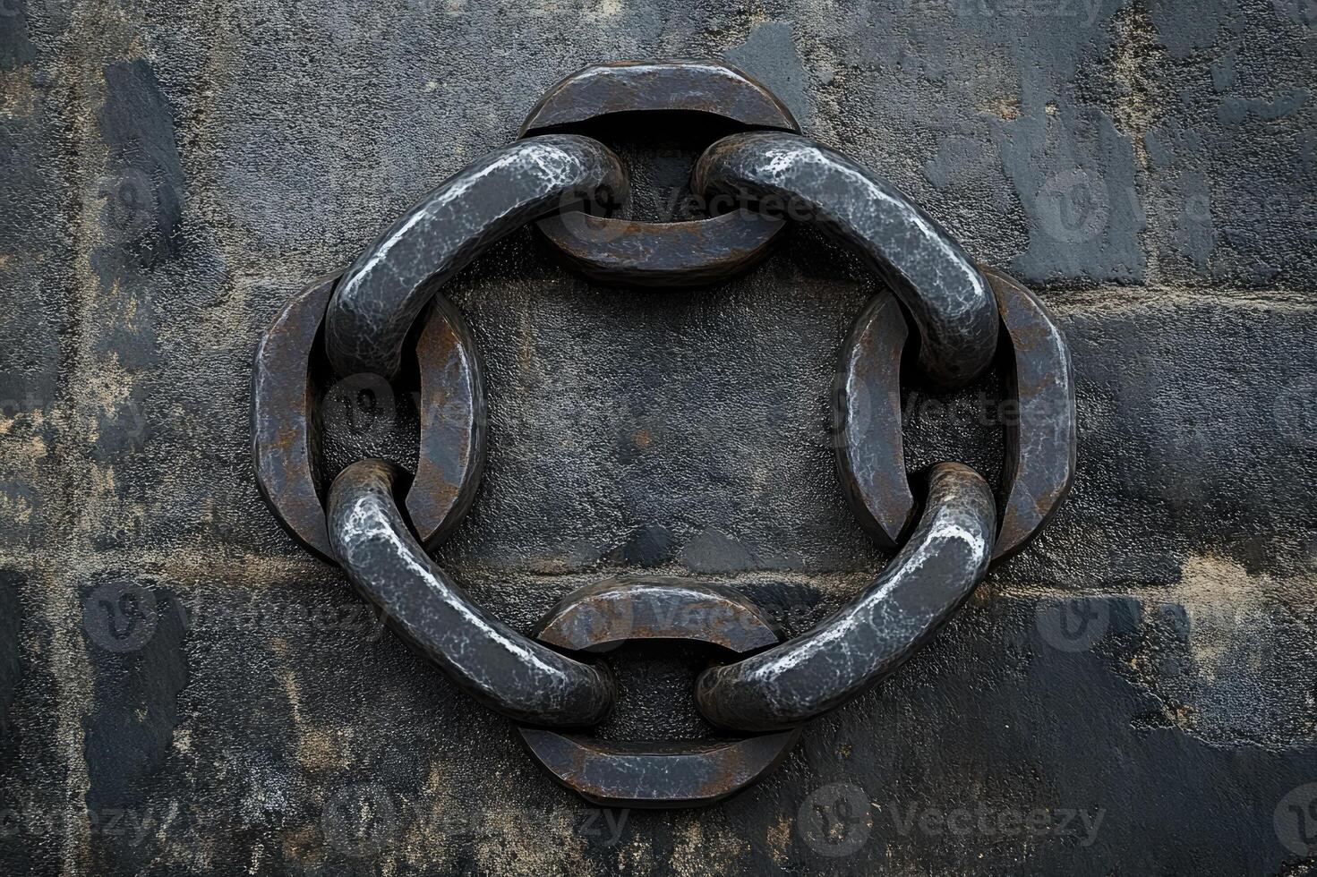 Close up of interlocking metal chain links forming square on textured wall photo
