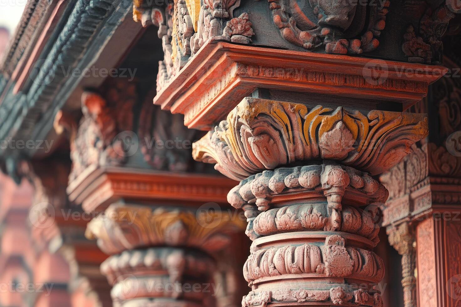 Ornate carved pillars supporting traditional nepalese temple architecture photo