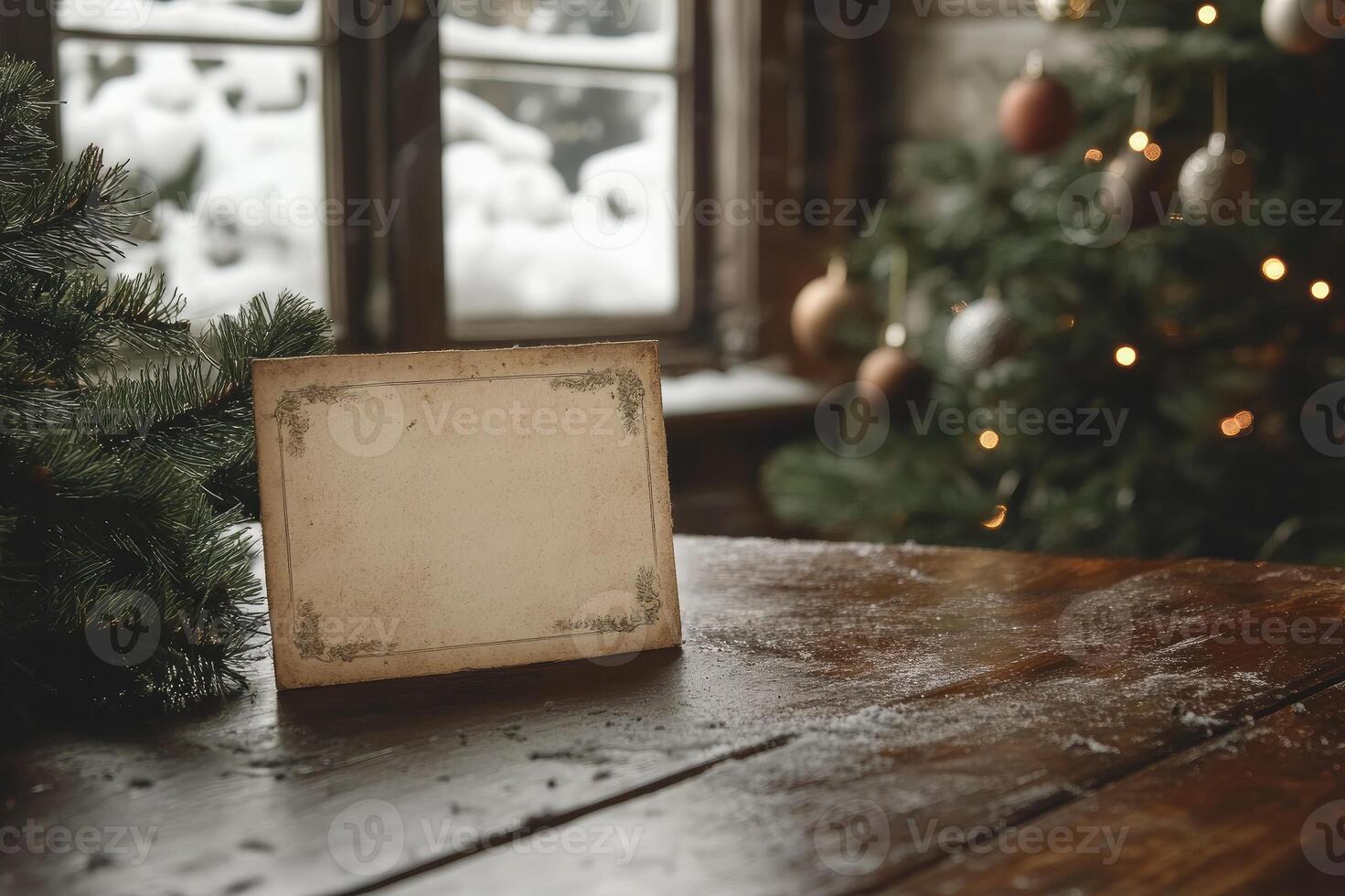 Blank christmas card leaning on wooden table with decorated tree and snowy window in background photo