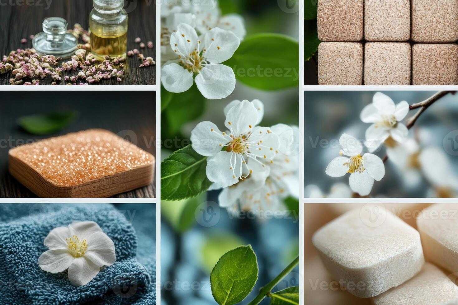 Natural cosmetics, soap, essential oil and white flowers collage photo