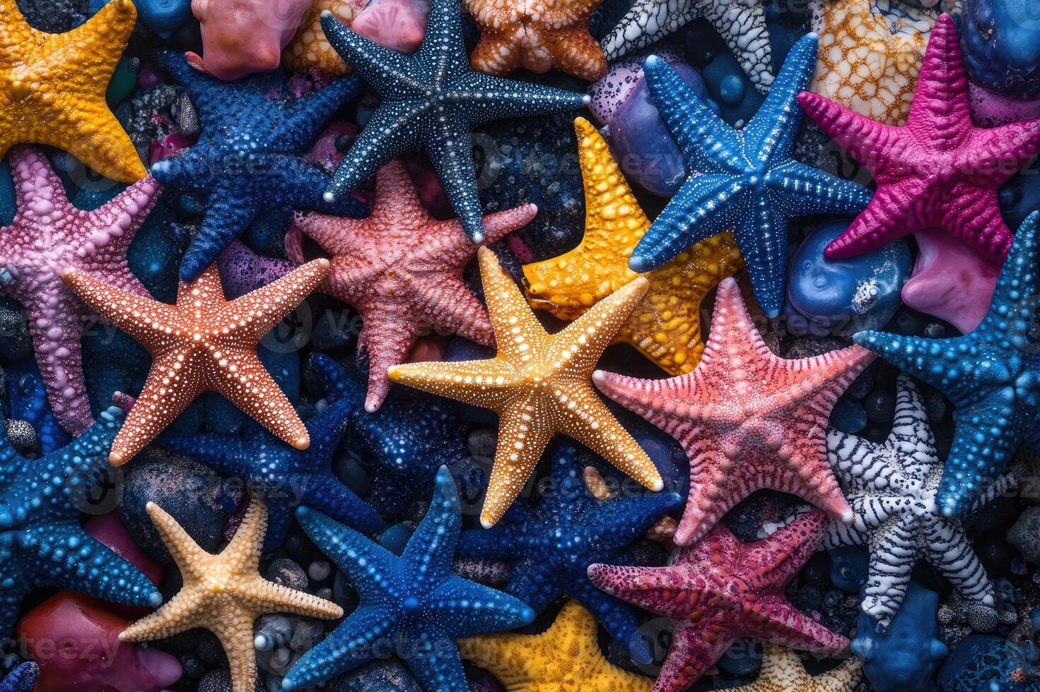 Colorful starfish creating vibrant pattern on dark pebbles photo