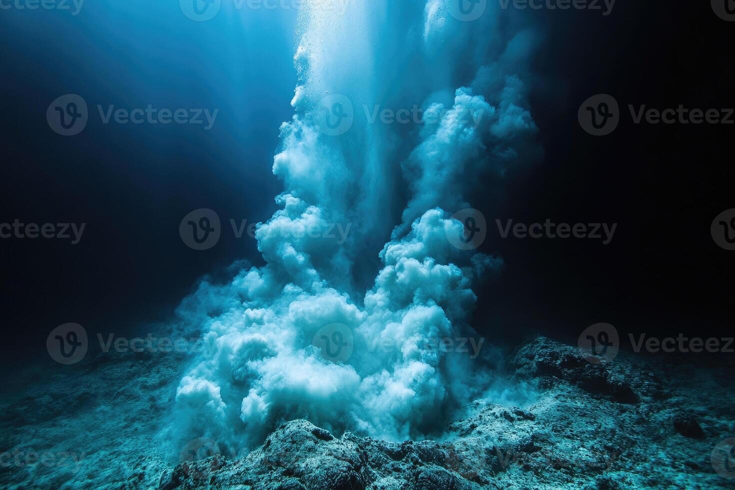 Underwater volcanic eruption creating a large plume of smoke in deep ocean photo