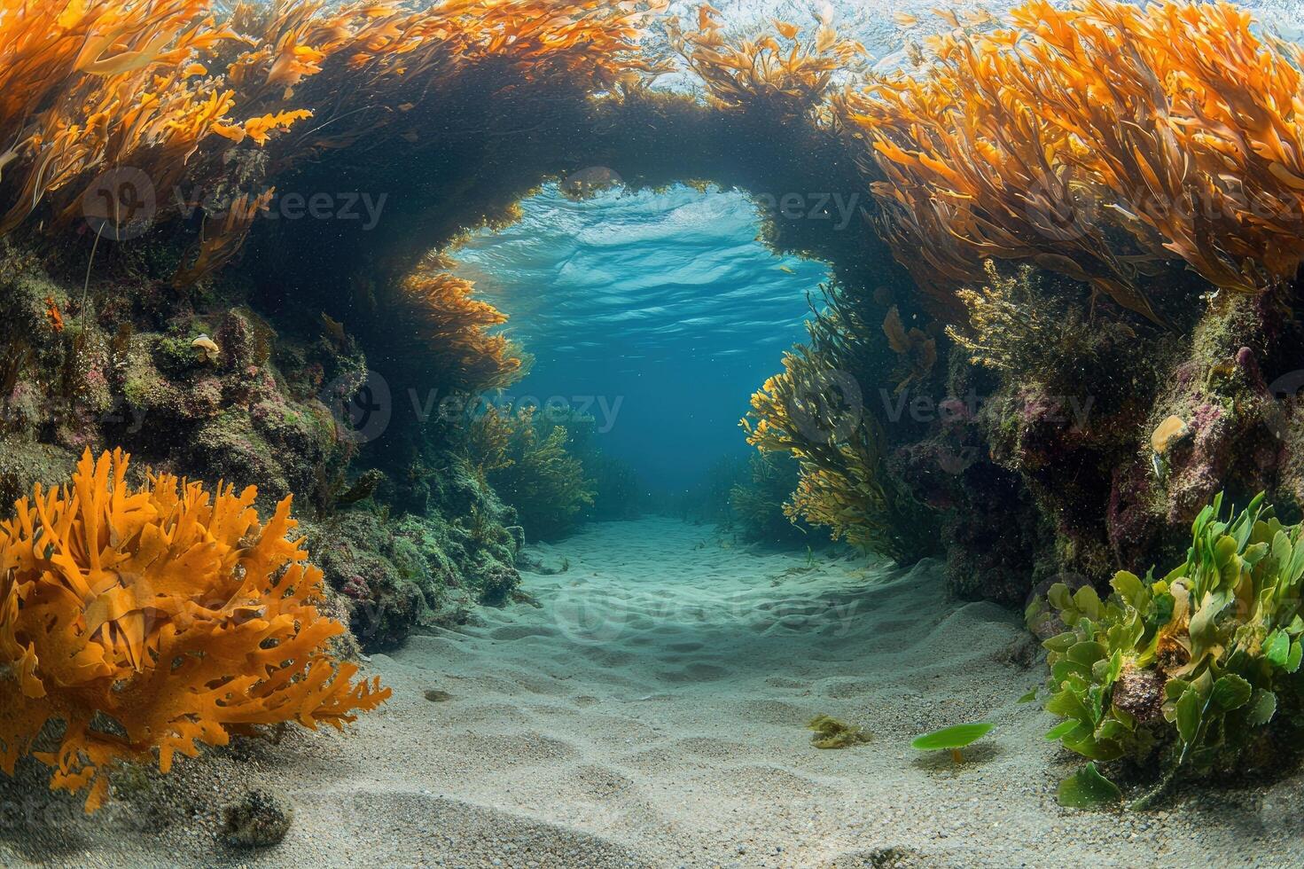 Golden kelp forest creating a tunnel in the deep blue sea photo