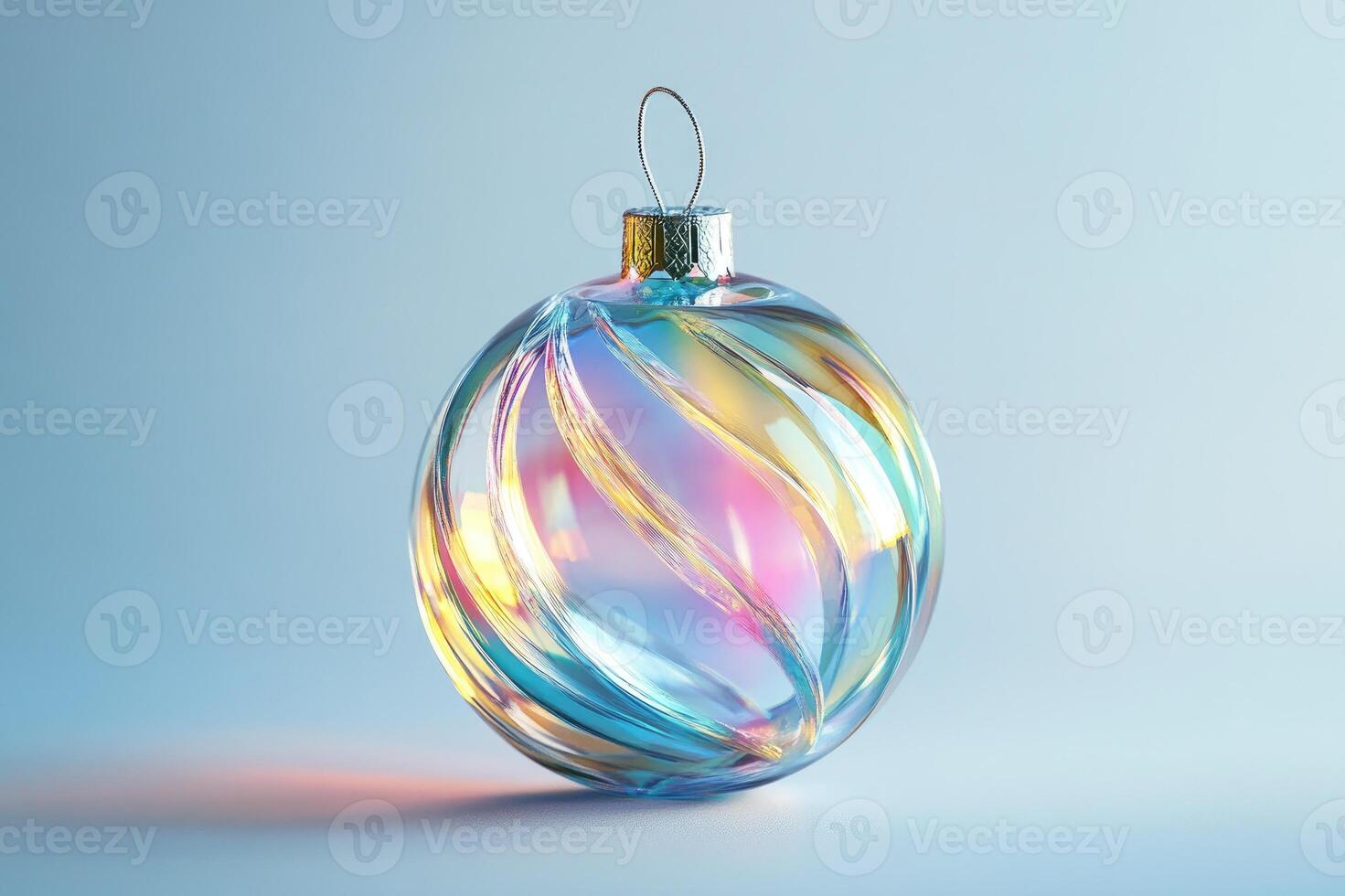 Iridescent swirls adorning festive christmas ornament on soft blue backdrop photo