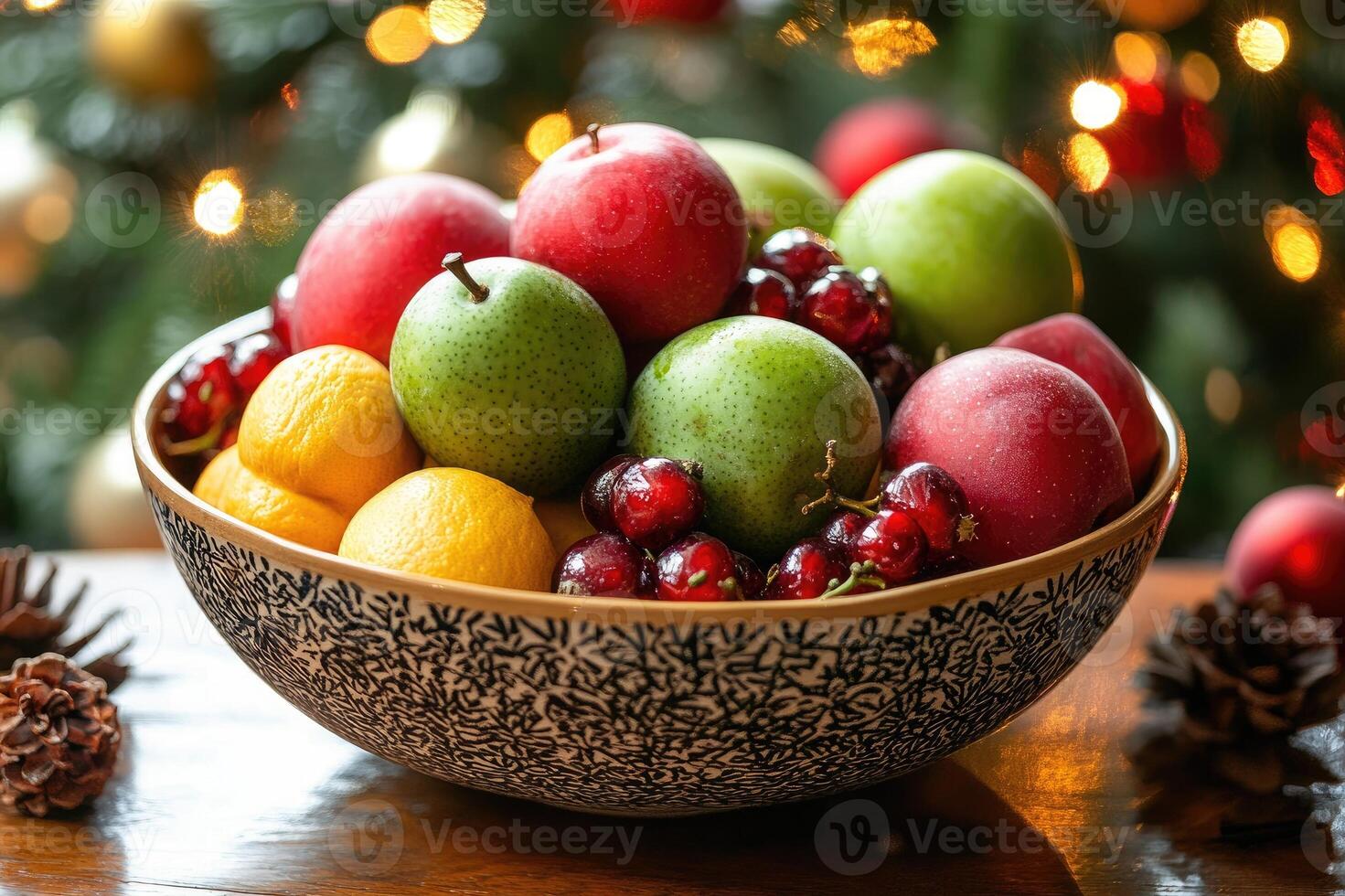 Bowl overflowing with festive fruits in front of christmas tree lights photo