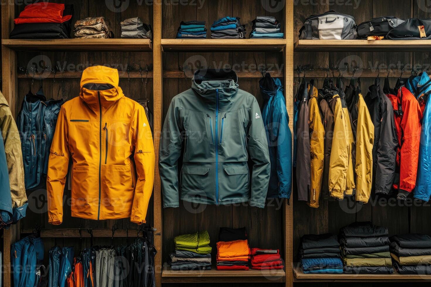 Winter jackets and clothing displayed on shelves in retail store photo