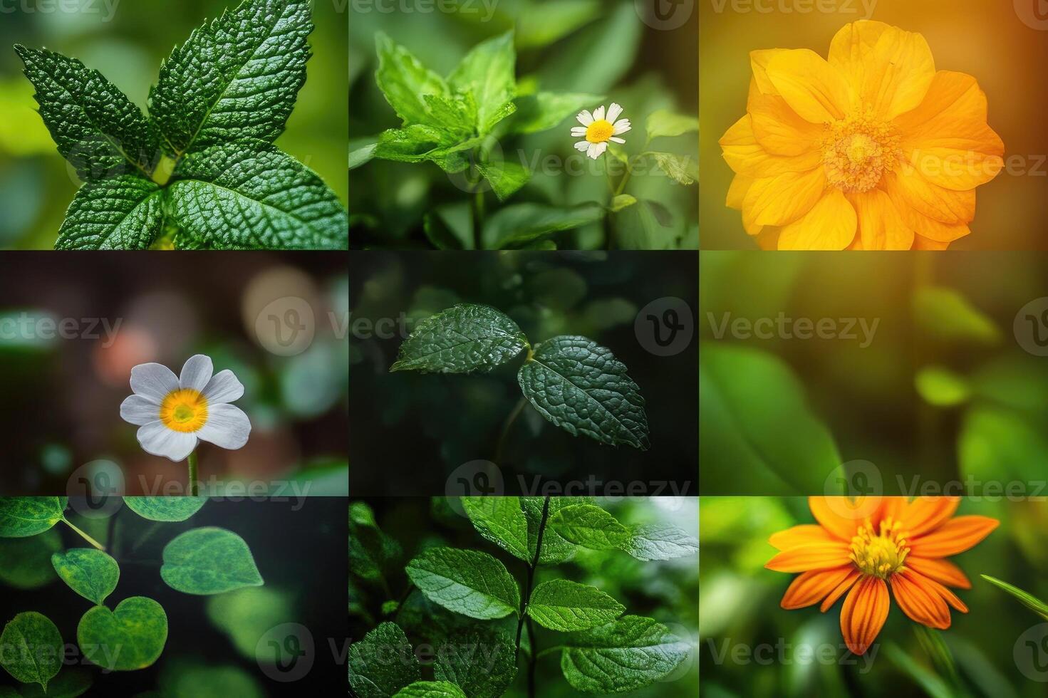 Collage of various green leaves and flowers showing nature's beauty photo